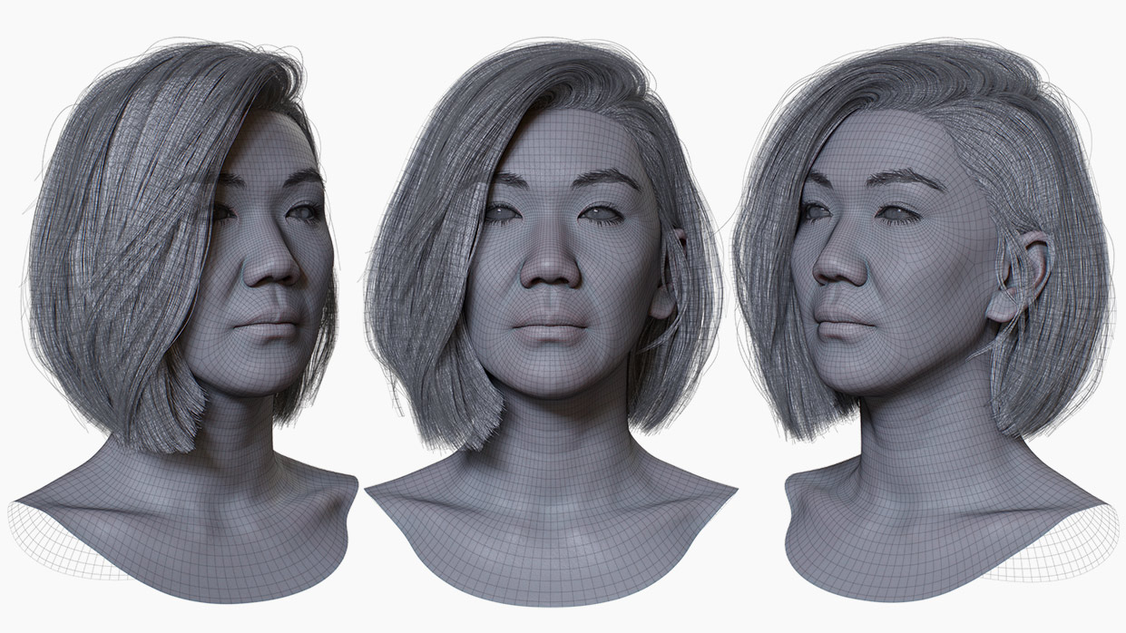 Wireframe of asian 3d head model with hair